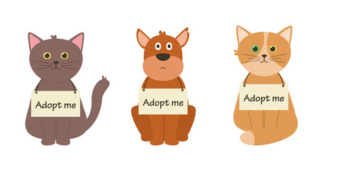 Set of homeless animals. Vector cartoon dog and cats with sign Adopt me. Concept for International homeless animals day.