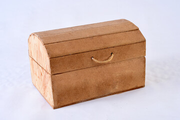 wooden chest with front view isolated on white background.