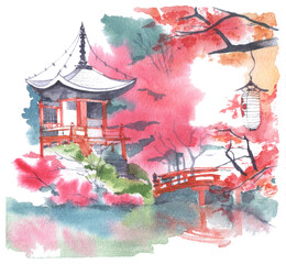 Kyoto temple. Watercolor illustration about Japan