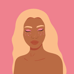 Portrait of a beautiful African woman. Woman with flowers on her face. Social media avatar. Minimalistic portrait. Flat style. Vector.