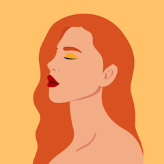 Portrait of a beautiful woman in profile. Woman with red hair. Social media avatar. Minimalistic portrait. Flat style. Vector.