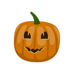 Halloween pumpkin with carved eyes and mouth. The image for the holiday on the banner, the card for the party. Color vector illustration of flat style.