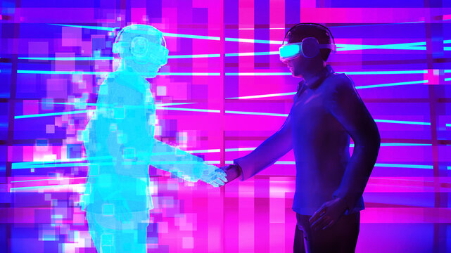 Business man wear virtual glasses is shaking hand with hologram graphic , futuristic communication concept. 3D rendering picture.