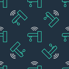 Line Smart water tap system icon isolated seamless pattern on black background. Internet of things concept with wireless connection. Vector