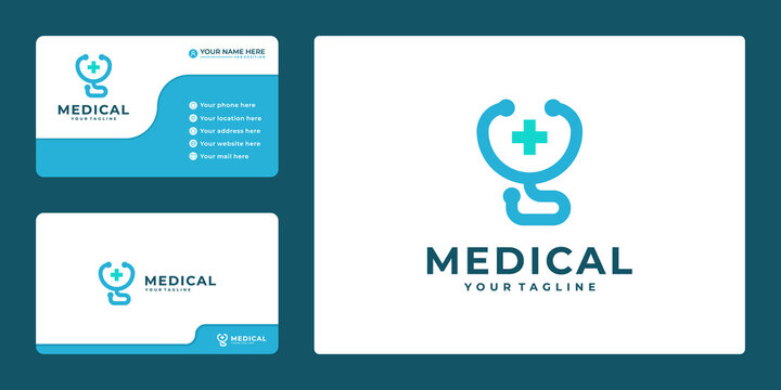 medical health care icon with stethoscope and cross plus logo design with business card