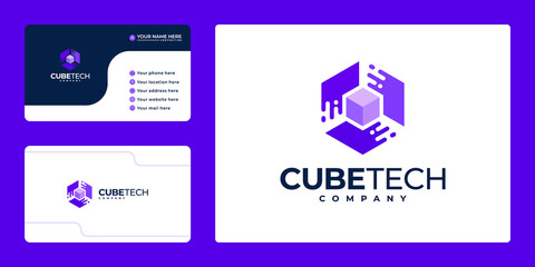 Cube technology logo design inspiration, hexagon concept, with business card