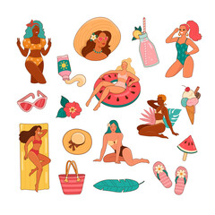Summer girls. Vector illustration of young cartoon women in swimsuits in different poses: in the swim ring, on the inflatable mattress, standing and sitting, surrounded by beach accessories