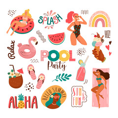 Pool party. Vector collection of young cartoon women in swimsuits in different poses, surrounded by beach accessories, drinks and food, and funny lettering. Isolated on white