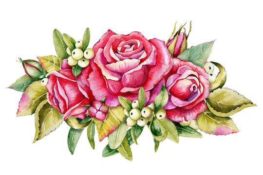 Watercolor floral arrangement, bouquet of roses flowers. Hand drawn illustration isolated on white background high resolution. Design for wedding card, cover, congratulations, invitations
