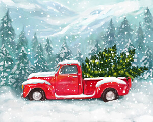 Christmas cute greeting illustration. Red pickup truck with a Christmas tree in the back against a background of forest, mountains and snowfall - obrazy, fototapety, plakaty