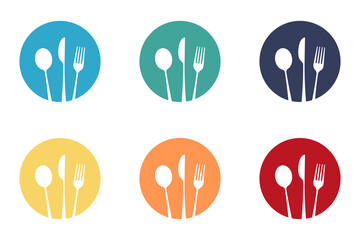 Dishes. Spoon, fork, knife and plates icons set, menu logo, cutlery silhouette. Vector illustration.