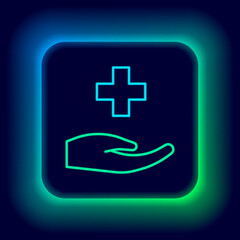 Fototapeta premium Glowing neon line Cross hospital medical icon isolated on black background. First aid. Diagnostics symbol. Medicine and pharmacy sign. Colorful outline concept. Vector
