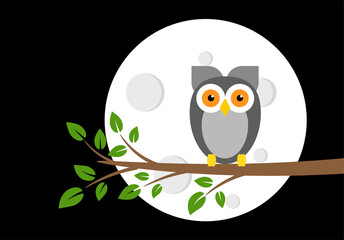 Owl on a Tree Branch at Night with Full Moon