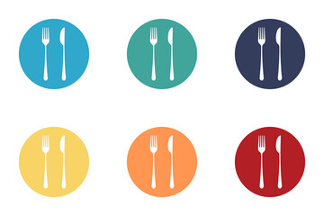 Dishes. Spoon, knife and plates icons set, menu logo, cutlery silhouette. Vector illustration.