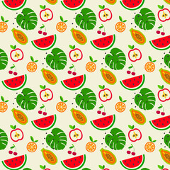  Fruit seamless pattern in hand-drawn style. Vector repeat background for colorful summer fabric and packaging