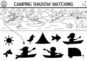 Summer camp black and white shadow matching activity with cute children on boats. Road trip outline puzzle with kayaking kids. Find the correct silhouette printable worksheet or coloring page. .