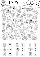 Camping I spy black and white game for kids. Searching and counting outline activity or coloring page with summer camp equipment. Funny printable worksheet with smiling kawaii objects. .