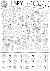 Forest I spy black and white game for kids. Searching and counting outline activity or coloring page with woodland animals and nature elements. Funny printable worksheet for kids with birds, insects