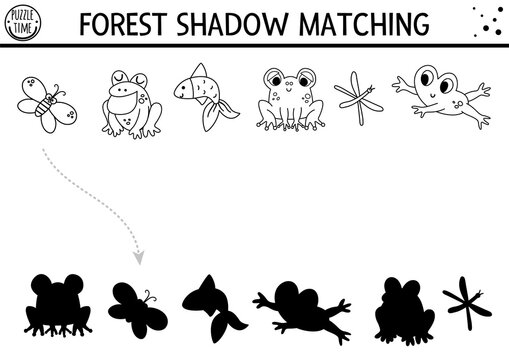 Forest or camping black and white shadow matching activity with cute animals. Road trip outline puzzle with frogs, fish, butterfly. Find the correct silhouette printable worksheet coloring page. .