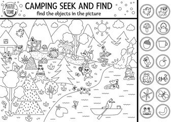 Vector black and white camping searching game or coloring page with cute animals in the forest. Spot hidden objects. Simple seek and find s outline summer camp or woodland printable activity .