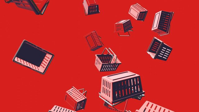 Red plastic shopping baskets on red background.
Toon style abstract animation for background.
Loop able.
