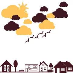Behangcirkel set of houses in city, clouds in sky, illustration of urban landscape, nature abstract background, graphic design wallpaper © Pratima