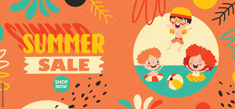 Wall mural Flat Summer Banner With Cartoon Character