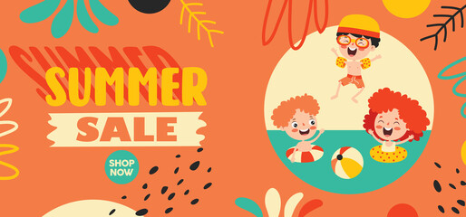 Flat Summer Banner With Cartoon Character