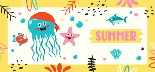 Flat Summer Banner With Cartoon Character