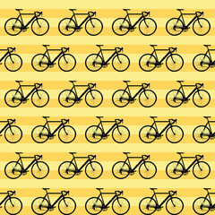 Seamless pattern with black bicycle decoration on striped yellow background for sport and healthy life lovers