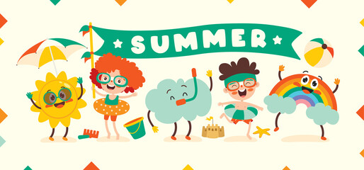 Fototapeta na wymiar Flat Summer Banner With Cartoon Character