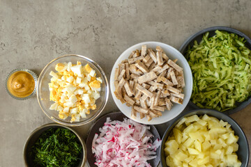 ingredients for okroshka, traditional Russian summer soup