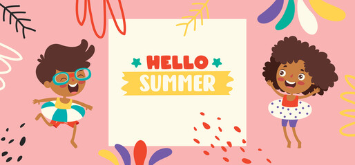 Naklejka premium Flat Summer Banner With Cartoon Character