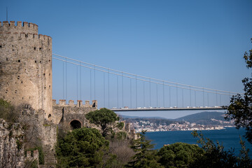 Istanbul Rumeli Fortress and the Bosphorus. Istanbul's historical places and beauties. Istanbul Bosphorus Bridge.