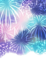 Fototapeta na wymiar 花火　夏　水彩　夜空　背景　ポストカード　縦/ Hand-Drawn Summer Fireworks Festival Postcard with Watercolor Night Sky Background - Vertical - Vector Image