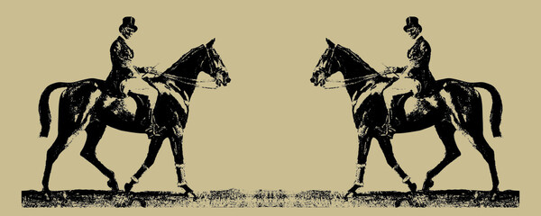 two gentlemen riding against each other in retro style, place for text, isolated