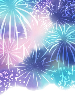 花火　夏　水彩　夜空　背景　ポストカード　縦/ Hand-Drawn Summer Fireworks Festival Postcard with Watercolor Night Sky Background - Vertical - Vector Image