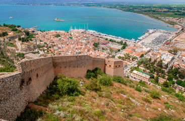 Nafpio, Greece: View of the city and the port from Palamidi. - obrazy, fototapety, plakaty