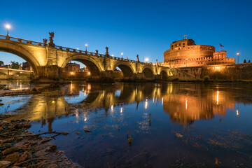 Castel Sant'Angelo and Ponte Sant'Angelo at night, Rome, Italy