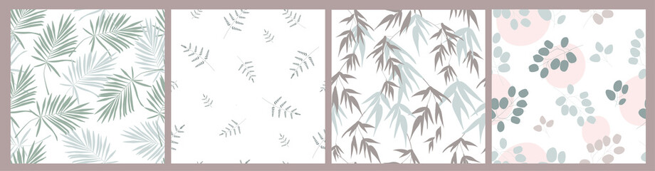 Seamless floral, natural pattern. Plants of lunaria, eucalyptus, palm, ginkgo biloba delicate branches with leaves on the background of simple shapes. Abstract minimalistic simple delicate ornament. 