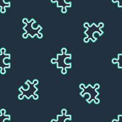Line Piece of puzzle icon isolated seamless pattern on black background. Business, marketing, finance, layout, infographics, internet concept. Vector