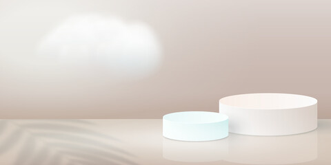 Podium scene from two pedestals and shadows of tropical leaves with clouds in 3d illustration.