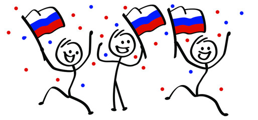 Happy smile football supporters. Cartoon stickman with the flag of the Russia. Stick figure man for wk, ek soccer ball game cup. Flat vector sport icon or pictogram. 2020 2021, 2022