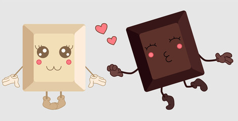 Chocolate romantic characters. Dark chocolate, white chocolate. Happy world chocolate day.  7 july
