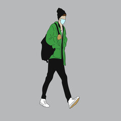 Vector illustration of Kpop street fashion. Street idols of Koreans. Kpop male fashion idol. A guy in black jeans and a green jacket and a black backpack and with white sneakers and a mask on his face