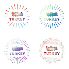 Turkey low poly sunburst set. Logo of country in geometric polygonal style. Vector illustration.