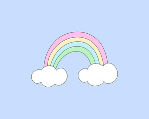 Pastel rainbow and fluffy cartoon clouds drawing, vector illustration