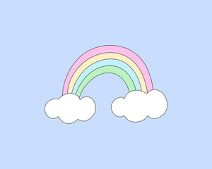 Pastel rainbow and fluffy cartoon clouds drawing, vector illustration