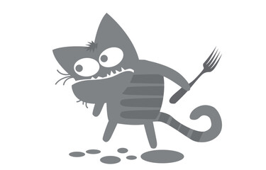 Cats life. Comic character. The gray cat purposefully moves forward in search of food. Vector image for prints, poster and illustrations