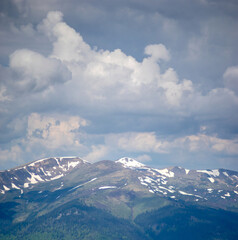 Snow-capped Carpathian mountains on a background of green forest in summer